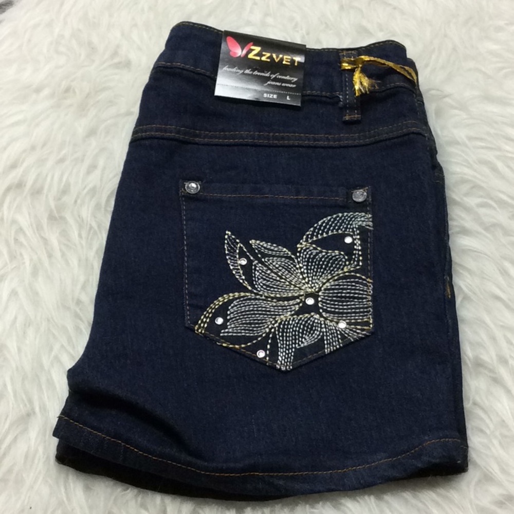 ZZVET dark denim shorts floral‎ appliqué pockets